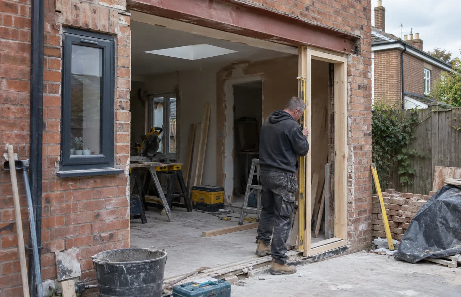A builder fitting a timber frame during a British home renovation
